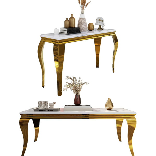 Rosdorf Park 2 Piece White And Gold Living Room Table Set Wayfair